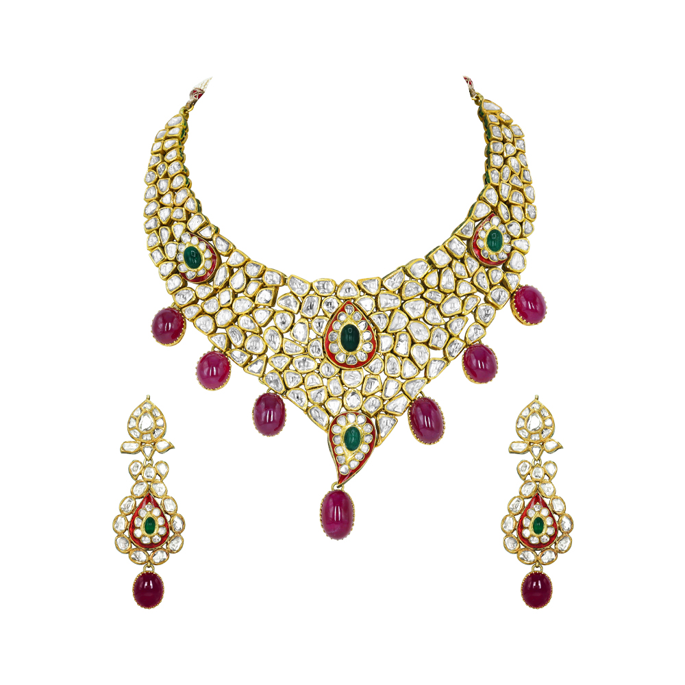 Polki Necklace Set with Emerald and Ruby Cabochons